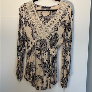 Cream Long Sleeve Embellished Blouse with Smocked Details